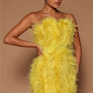 Fashion Nova Strapless Yellow Feather Dress